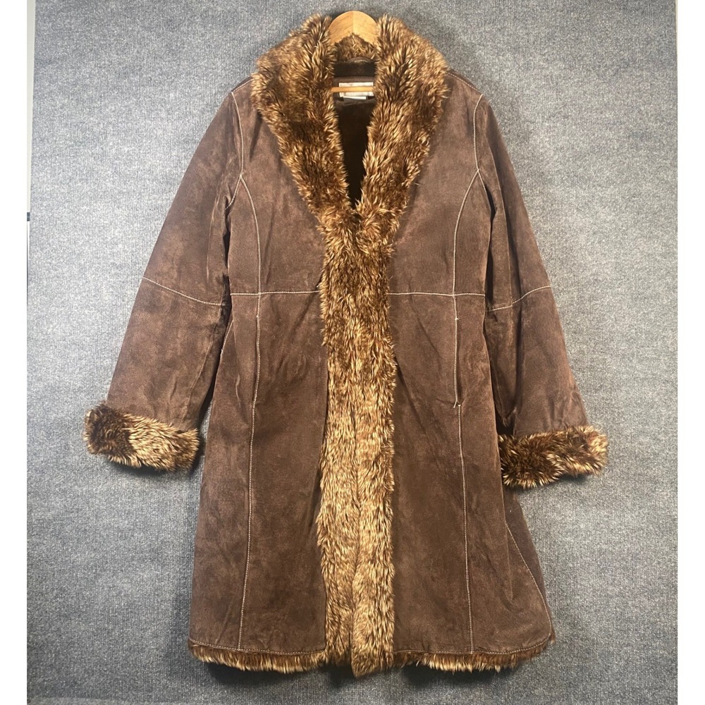 Charles Klein Leather Afghan Coat Womens M Brown Faux Fur Trim Penny Lane Trench